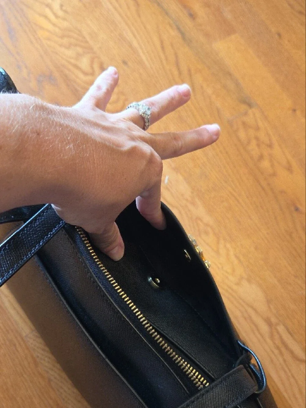 Michael Kors Black Leather Tote with Gold MK Logo - Picture 3 of 9